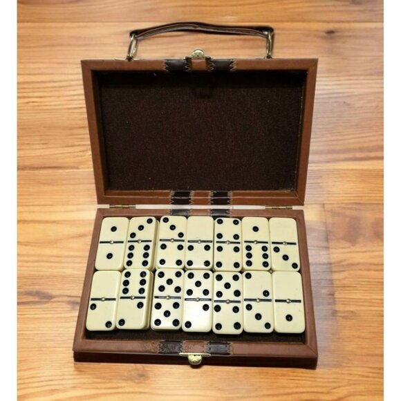 Other - Vintage Domino Set Leatherette Case 28 Heavy Tiles Brass Spinner Travel Game